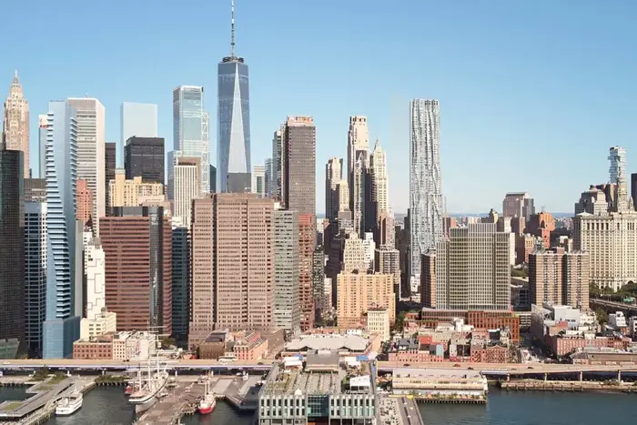 A rendering of 250 Water Street against the South Street Seaport/Financial District skyline
